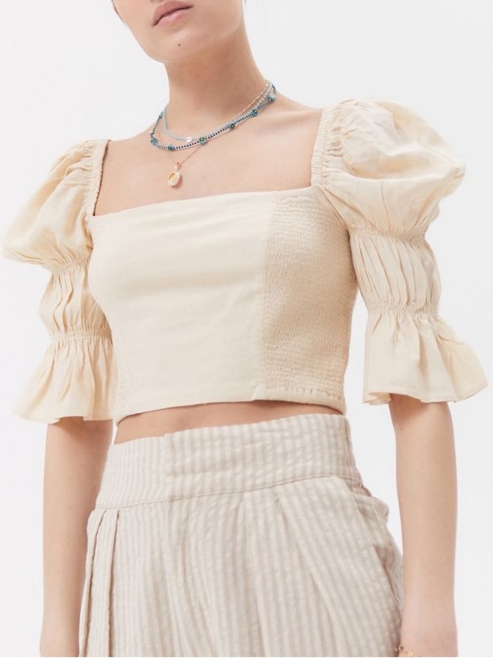 Urban Outfitters UO Chelsea Square Neck Linen Blend Smocked Crop Top Small